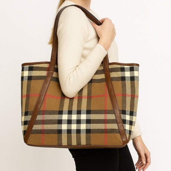 Woven Fabric Women's Tan Brown Plaid Shoulder Bag Tote Bag Large - Picture 1 of 6